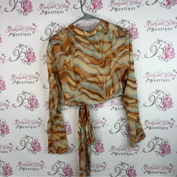 Dynamite blouse tie up swirls ribbon bow front brown Multicolor Tie-Front Blouse - Picture 3 of 11